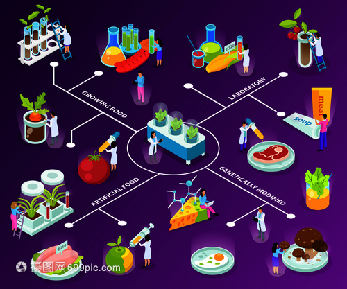 探索未來食物 人工食品的等距流程圖與科學(xué)實驗之紫色背景矢量解析